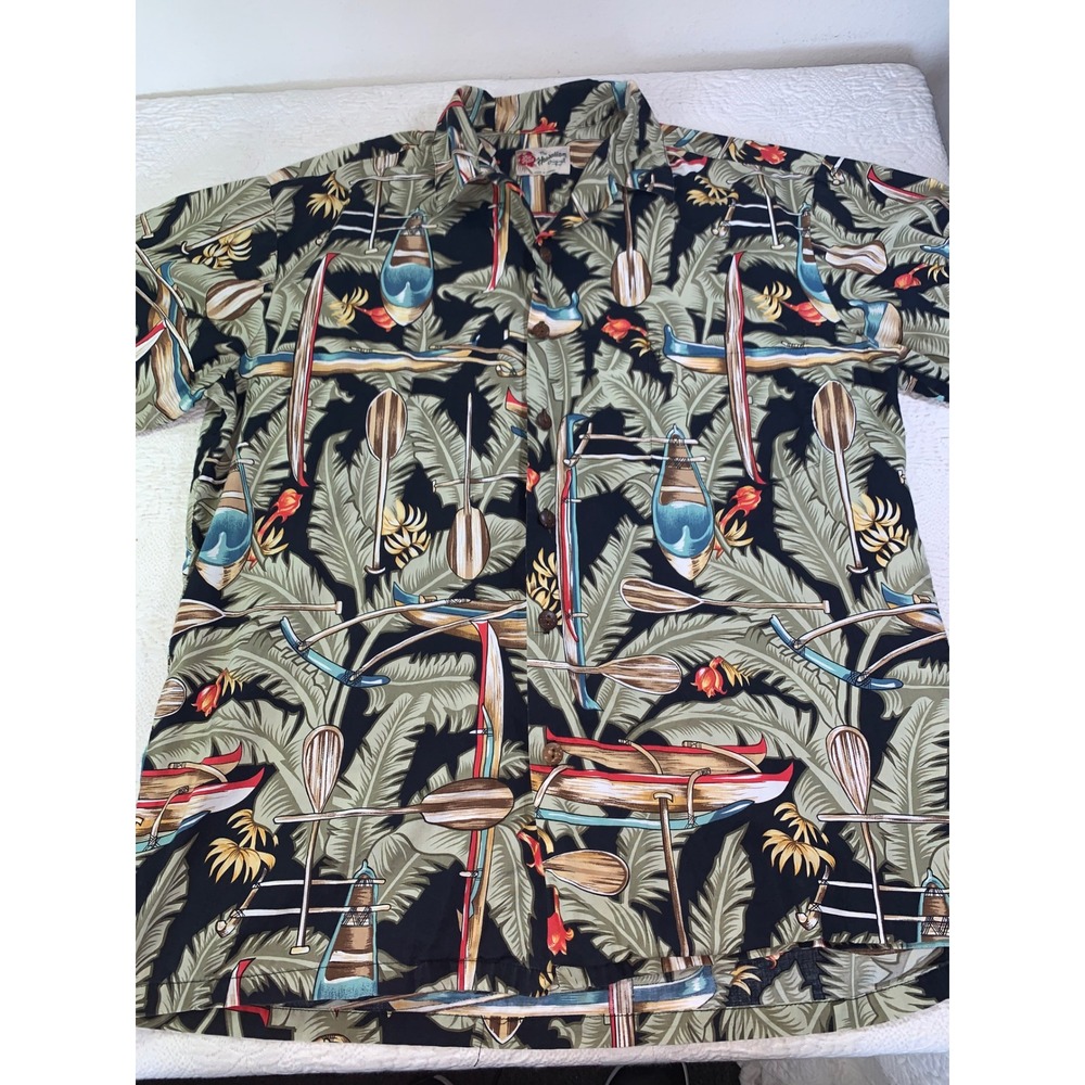 Hilo Hattie The Hawaiian Original Outrigger Canoe Coconut Button Shirt Mens L